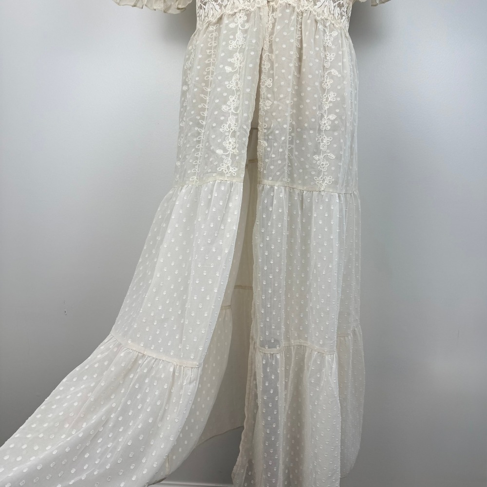 Cream Swiss Dot Floral Embroidered Lace Maxi Duster Kimono Cover Up Size 2XL - Picture 4 of 7